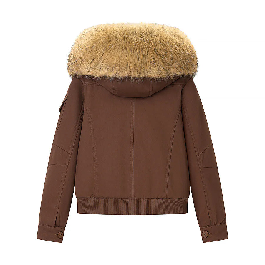 Women's short bomber jacket with faux fur hood and teddy lining Mune Fashion