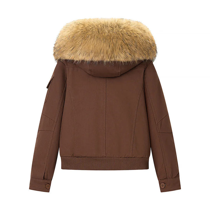 Women's short bomber jacket with faux fur hood and teddy lining Mune Fashion