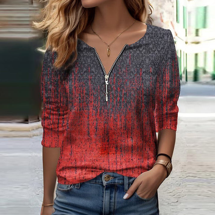 Women's Long Sleeve Shirt with Zip V-Neck and Structured Ombre Print Mune Fashion