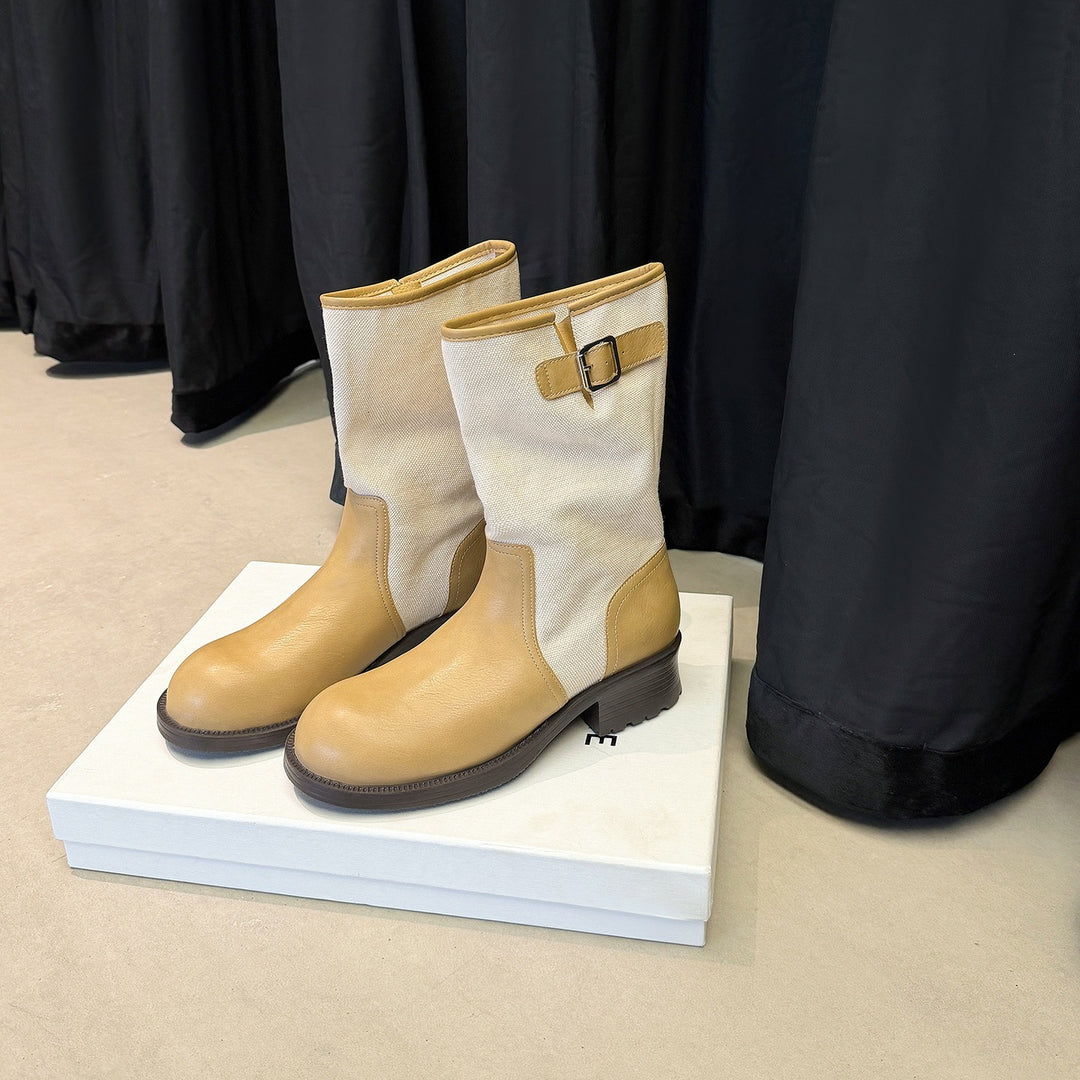 Women Mid-Calf Boots made of smooth leather and canvas with decorative buckle straps Mune Fashion