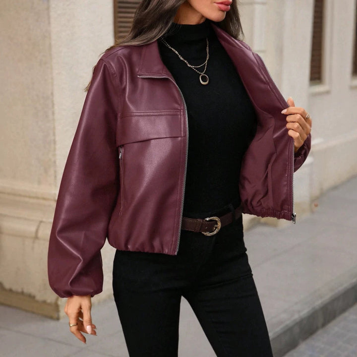 Women Trendy cropped faux leather jacket