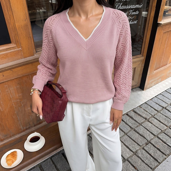 Ladies V-neck knit sweater with jacquard pattern Mune Fashion