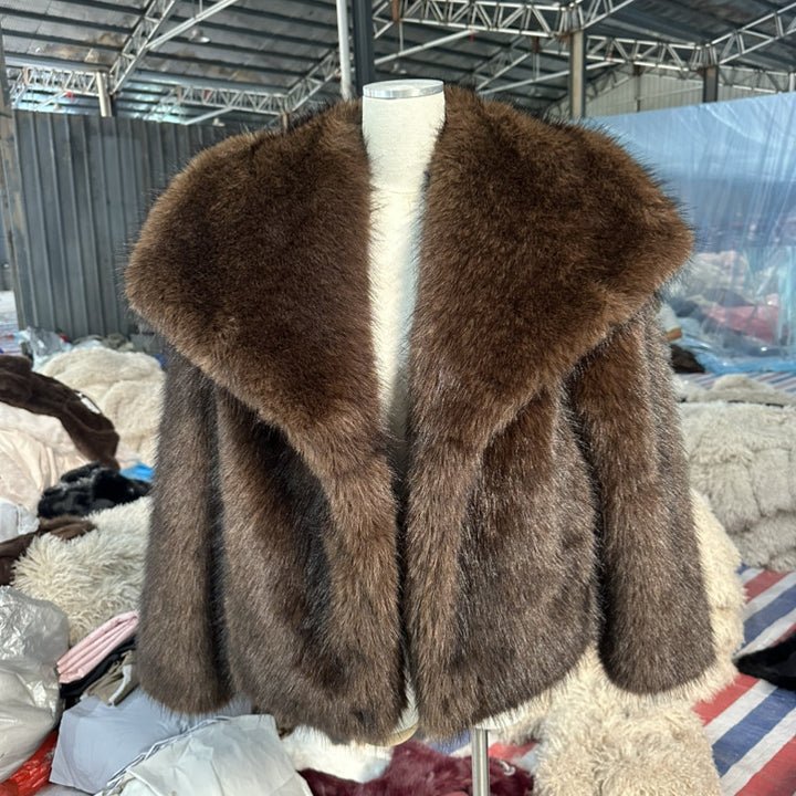 Women's Short Faux Fur Jacket in Bolero Style with Extra Soft Shawl Collar Mune Fashion