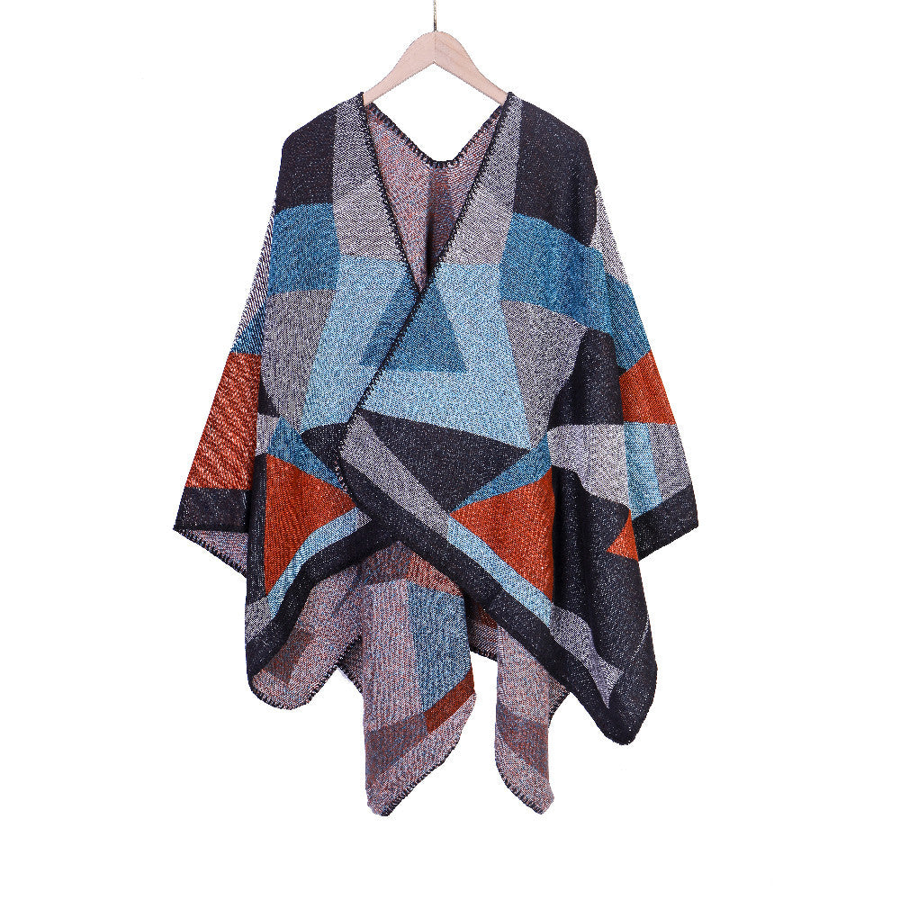 Women's Chunky Knit Oversized Ruana with Graphic Block Pattern and Asymmetrical Pointed Hem Mune Fashion
