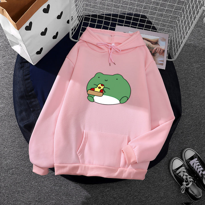 Women's cozy hoodie with kawaii frog pizza design and oversized relax fit Mune Fashion