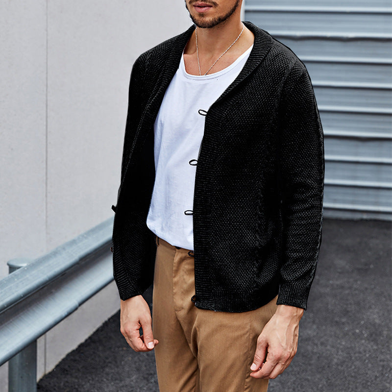 Men's fine knit cardigan with shawl collar, snap-hook closures, and textured knit Mune Fashion