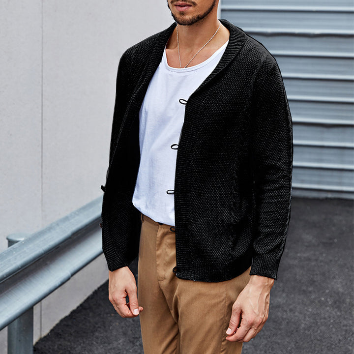 Men's fine knit cardigan with shawl collar, snap-hook closures, and textured knit Mune Fashion