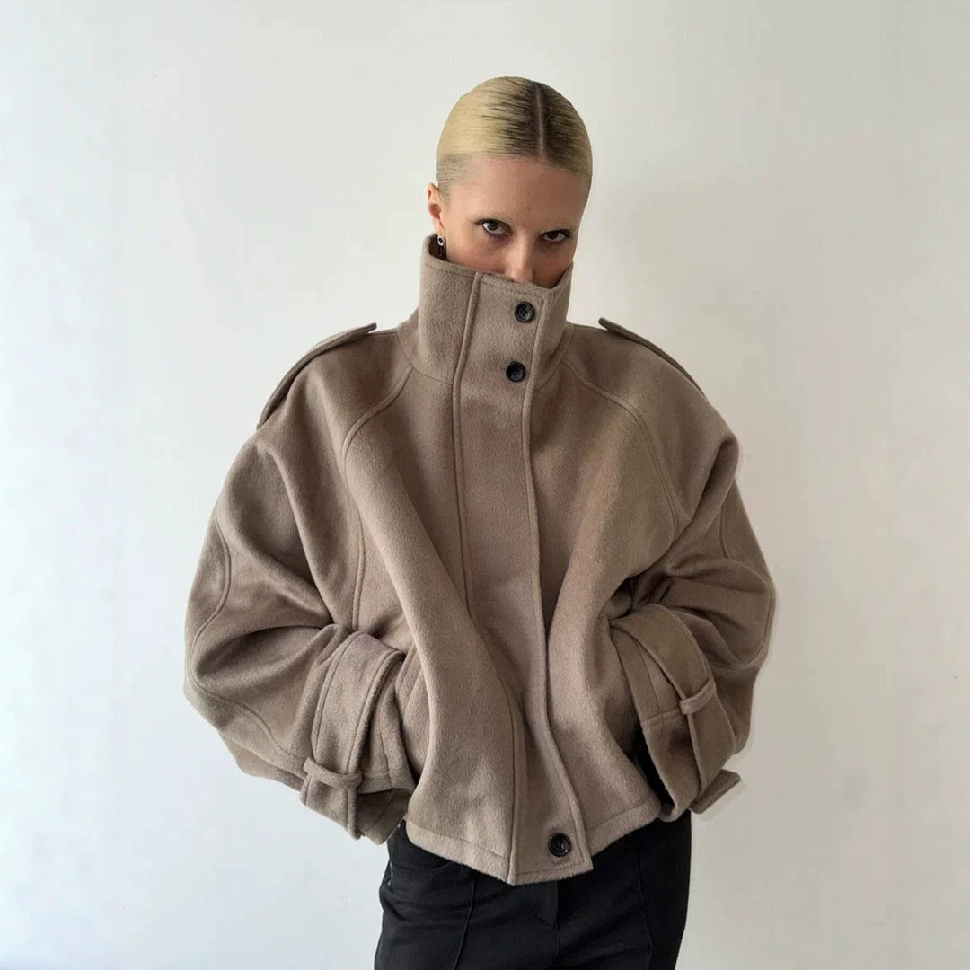 Women's short wool mix blouson with high stand-up collar, shoulder patches, and voluminous balloon sleeves Mune Fashion