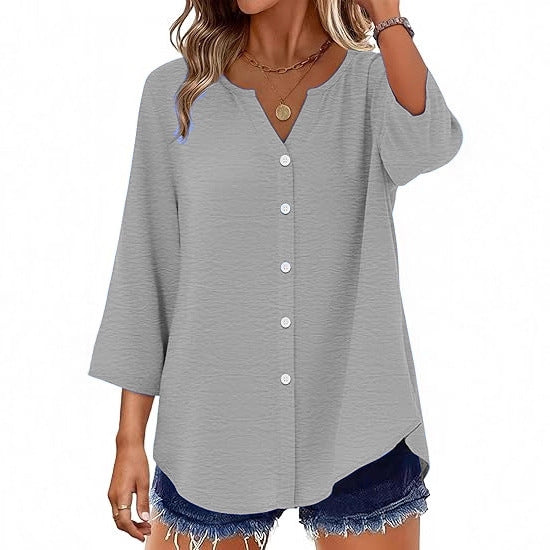 Ladies Light V-Neck Blouse Jacket with 3/4 Sleeves, Curved Hem and Continuous Button Placket Mune Fashion
