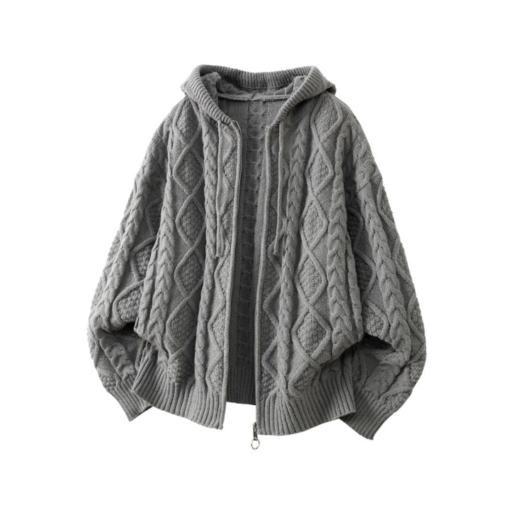Women Oversize Hooded Cardigan with Cable Pattern and Front Zipper Mune Fashion