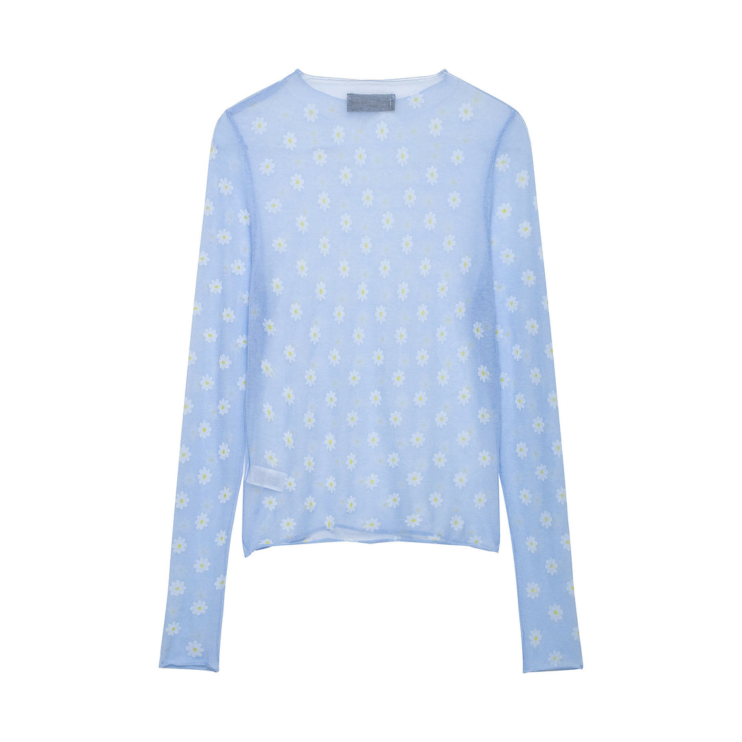Women Fine Transparent Mesh Long Sleeve with Allover Daisy Print and Round Neckline Mune Fashion