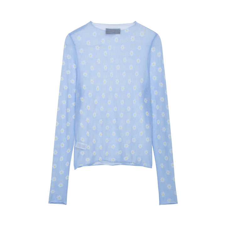 Women Fine Transparent Mesh Long Sleeve with Allover Daisy Print and Round Neckline Mune Fashion