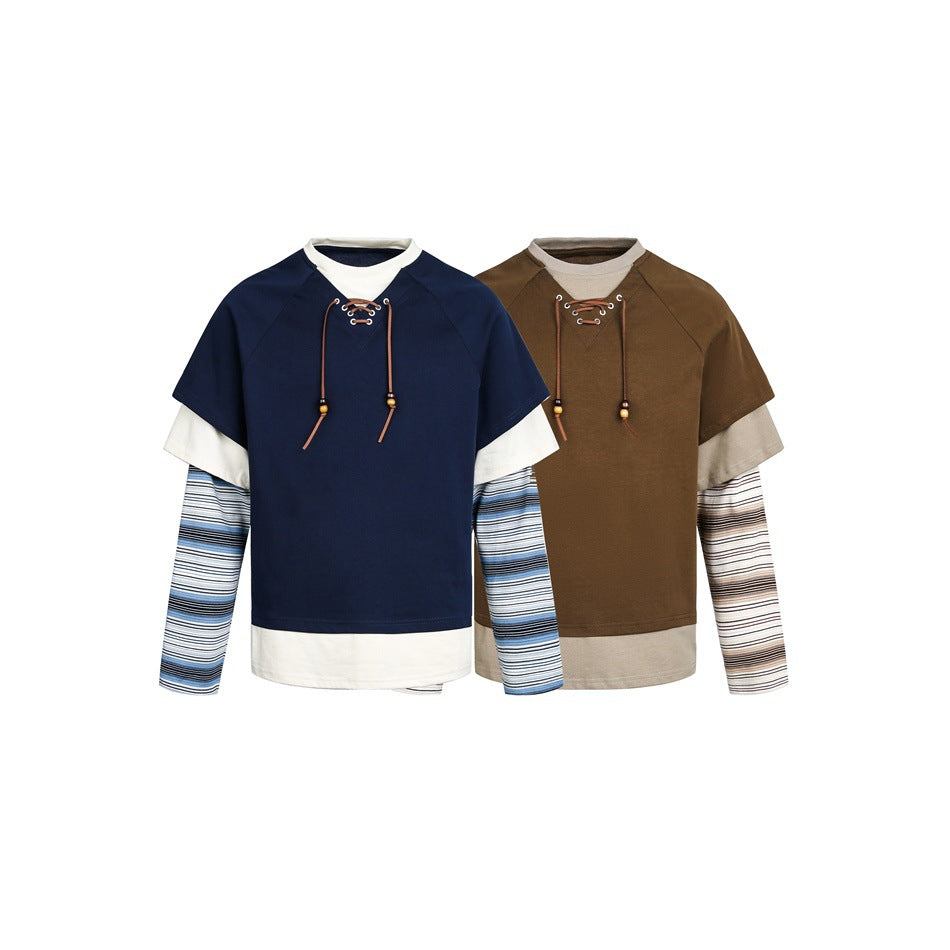 Women's Layered Look Sweatshirt with Lacing, Striped Sleeve Inserts and Asymmetrical Hem Mune Fashion