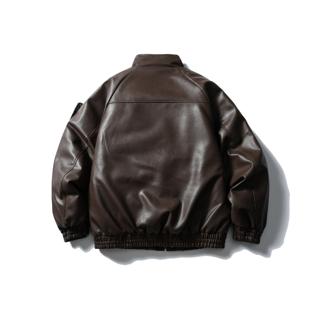 Men's Padded Faux Leather Bomber Jacket with High Stand-up Collar and Flap Pockets Mune Fashion