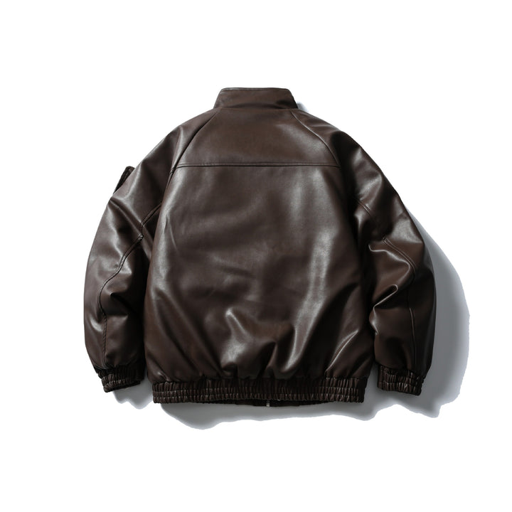 Men's Padded Faux Leather Bomber Jacket with High Stand-up Collar and Flap Pockets Mune Fashion