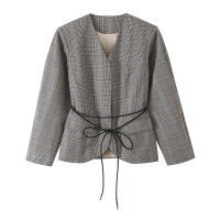 Women tailored glencheck blazer jacket with V-neck and tie waist Mune Fashion