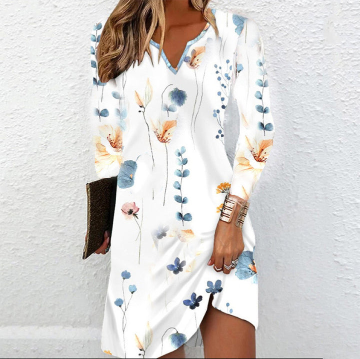 Women’s Floral V-Neck Midi Dress with Asymmetrical Hem and Long Sleeve Mune Fashion