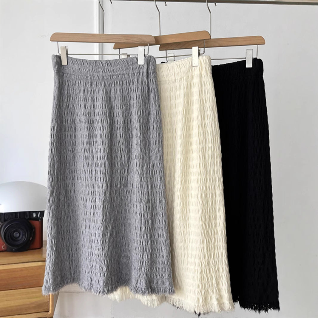 Women's Long Knit Skirt with Fringed Hem and Textured Design Mune Fashion