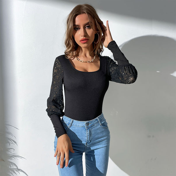 Ladies long-sleeved bodysuit with lace sleeves and square neckline Mune Fashion