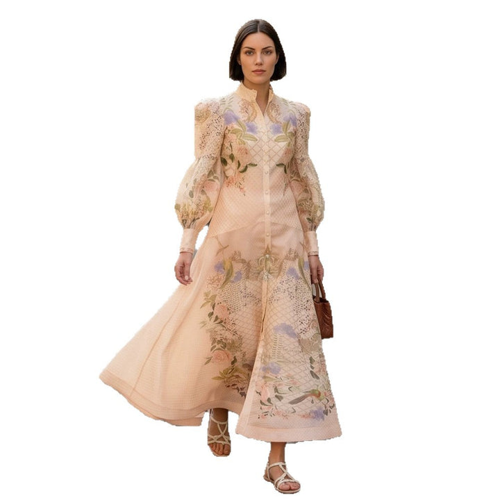 Women's maxi dress with floral print, button placket and voluminous puff sleeves Mune Fashion