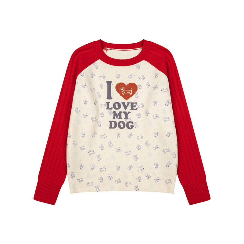 Women's knitted raglan sweater with heart dog motif, ribbed sleeves and all-over print Mune Fashion