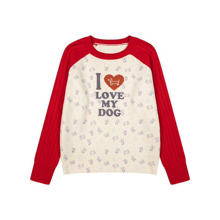 Women's knitted raglan sweater with heart dog motif, ribbed sleeves and all-over print Mune Fashion