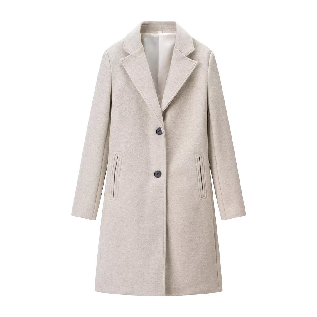 Women's Longline Single-Breasted Wool Blend Coat with Notched Collar and Welt Pockets Mune Fashion