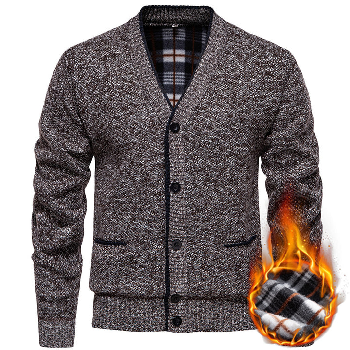 Men's Structured V-Neck Knit Cardigan with Contrasting Edge and Checked Lining Mune Fashion