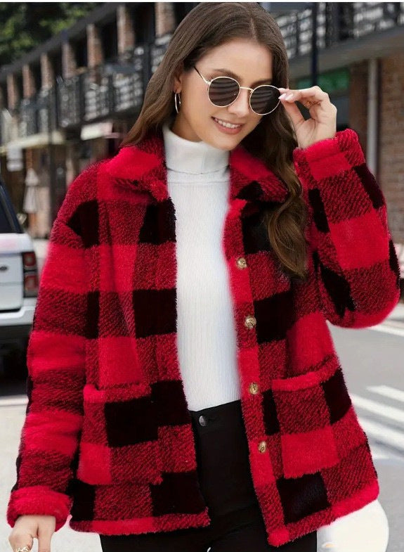 Ladies non-padded checkered teddy fleece shacket with button placket and patch pockets Mune Fashion
