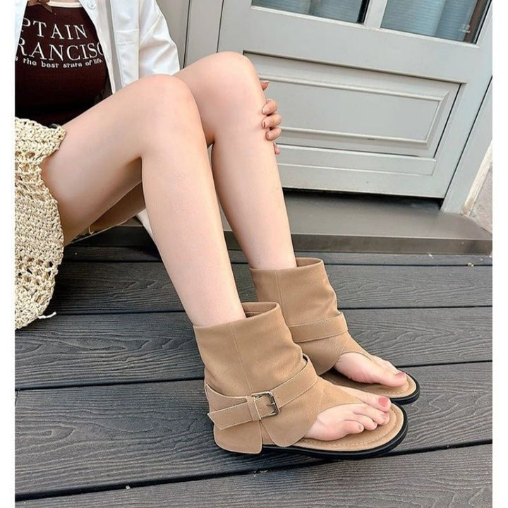 Women Open Sandals-Ankle Boots with Sock Collar and Buckle Straps Mune Fashion
