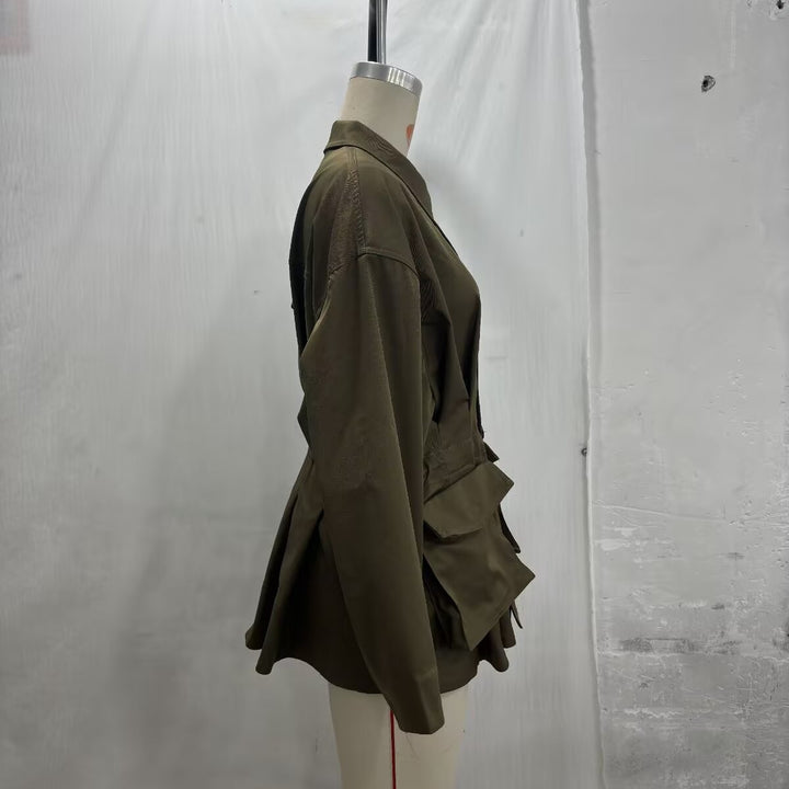 Women Oversize Boxy Transitional Jacket with Large Flap Pockets and Drawstring Mune Fashion