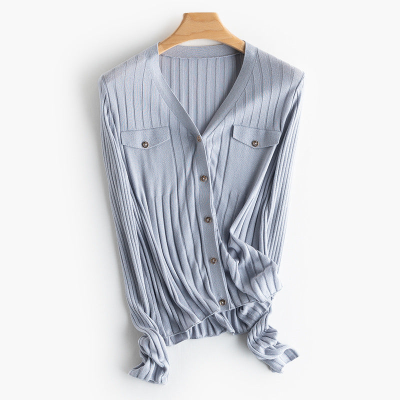 Women Fine Ribbed Button Cardigan with V-Neck and Chest Pockets Mune Fashion