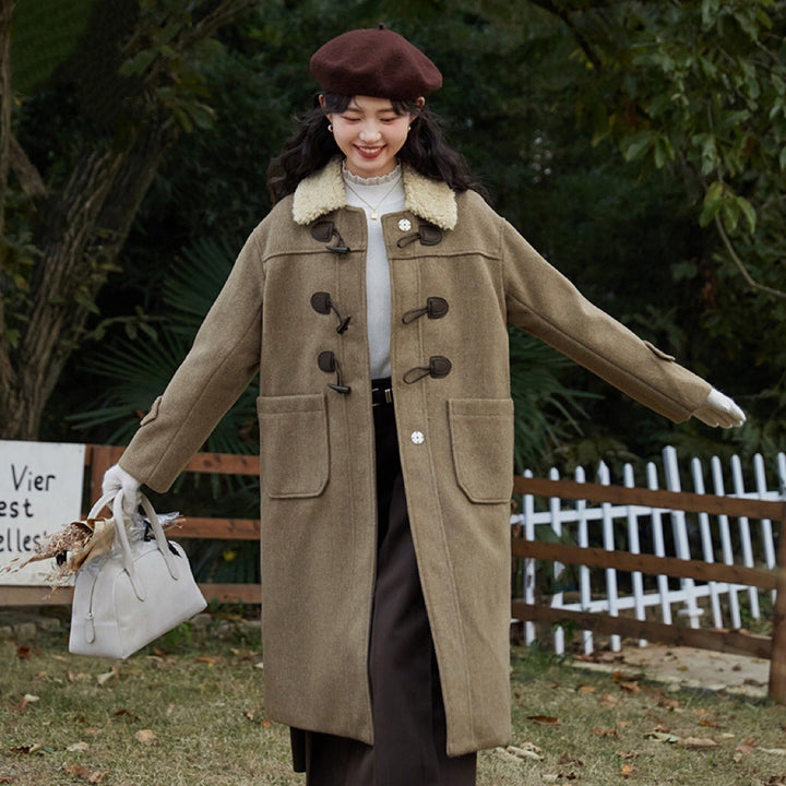 Women’s Long Duffle Coat with Teddy Collar, Toggle Fastenings and Patch Pockets Mune Fashion