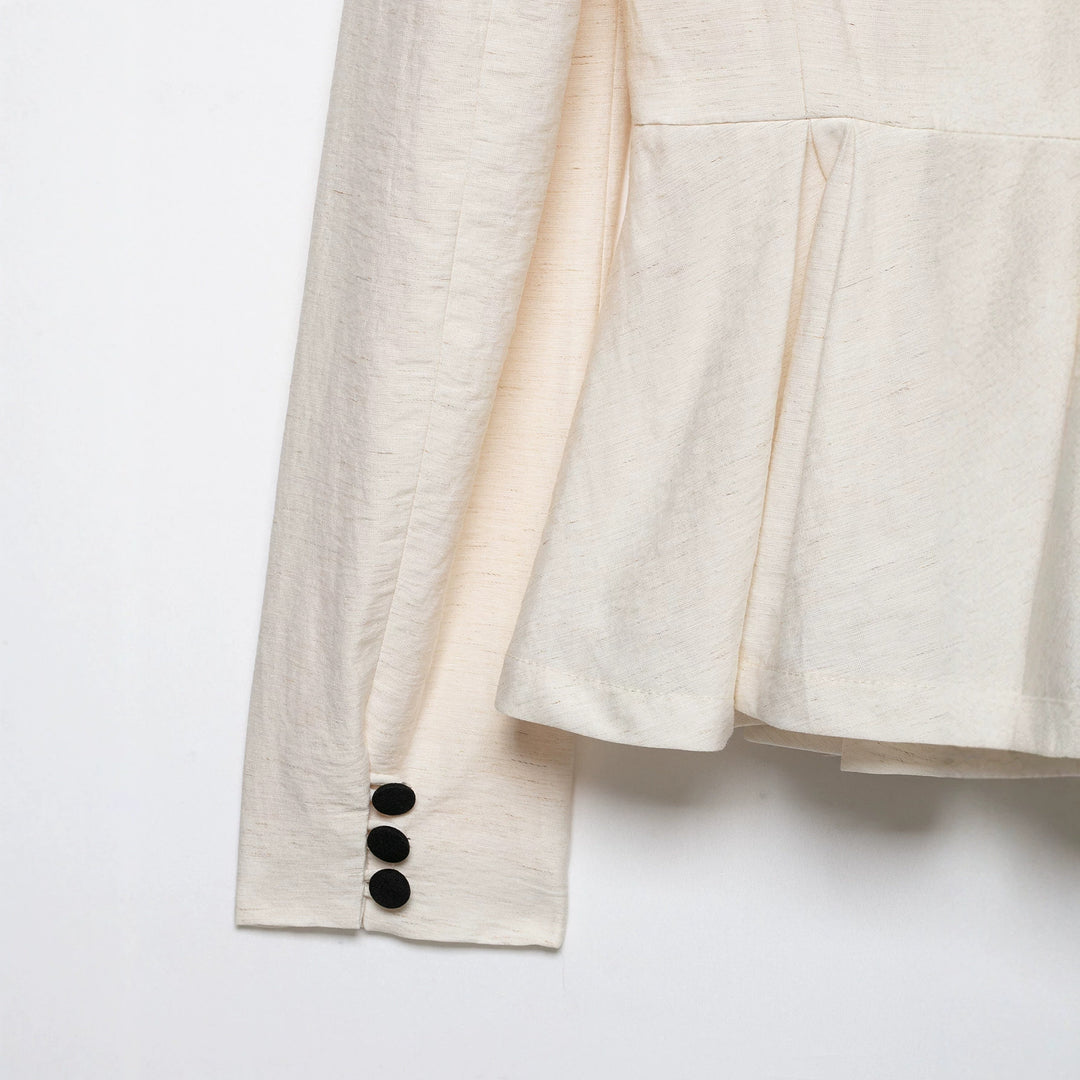 Women Tailored Blazer Jacket with Deep V-Neck, Pleated Peplum and Decorative Button Placket Mune Fashion