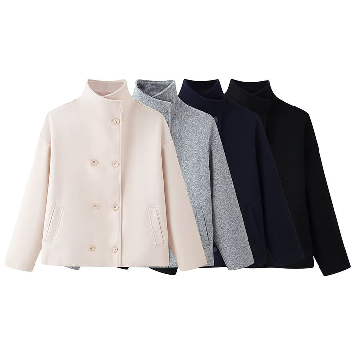 Women's Boxy Double-Breasted Short Coat made of Wool Blend with Stand-Up Collar Mune Fashion