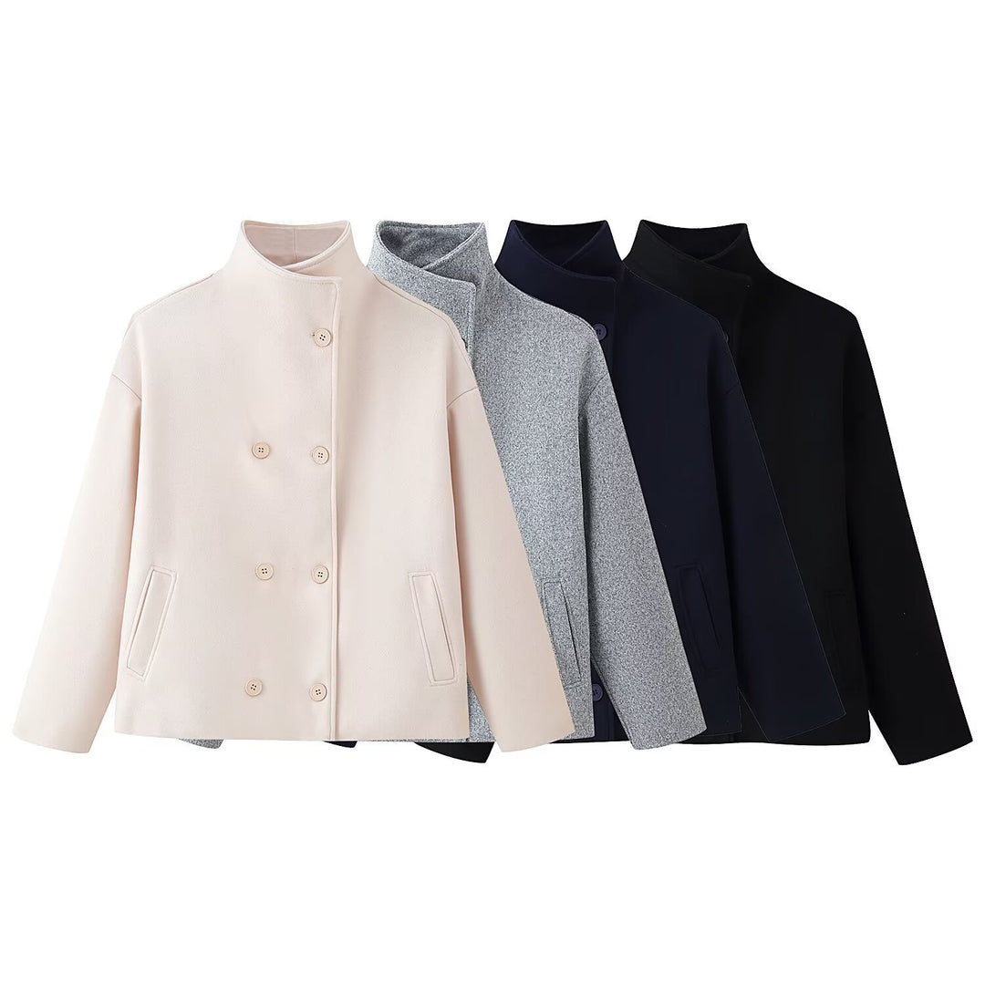 Women's Boxy Wool Jacket in Cocoon Cut with Stand-up Collar and Double-breasted Button Placket Mune Fashion
