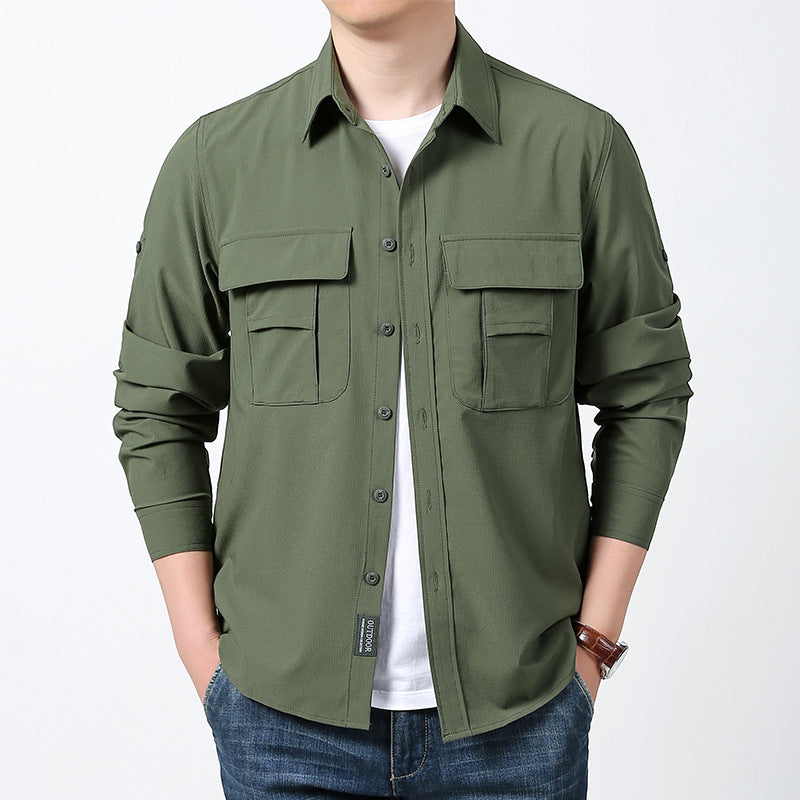 Men's lightweight field shirt with concealed button placket, two patch breast pockets and roll-up sleeves.