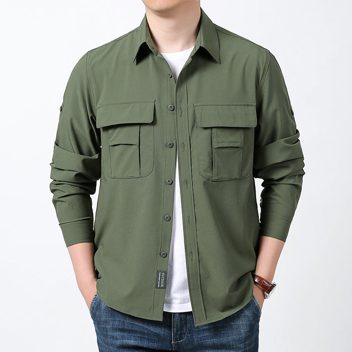 Men's lightweight field shirt with concealed button placket, two patch breast pockets and roll-up sleeves.