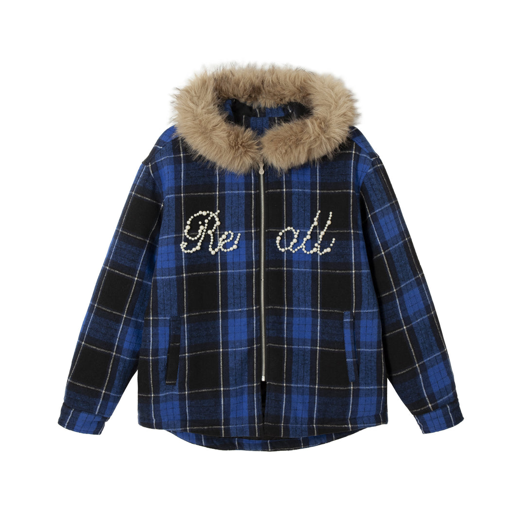 Women's checked wool blend blouson with detachable faux fur collar and pearl appliqué Mune Fashion