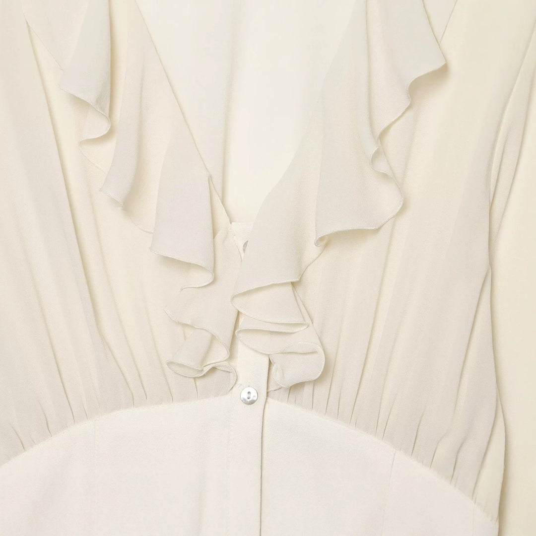 Women Ruffled Viscose Blouse with Ruffled Collar and Tailored Yoke Drune