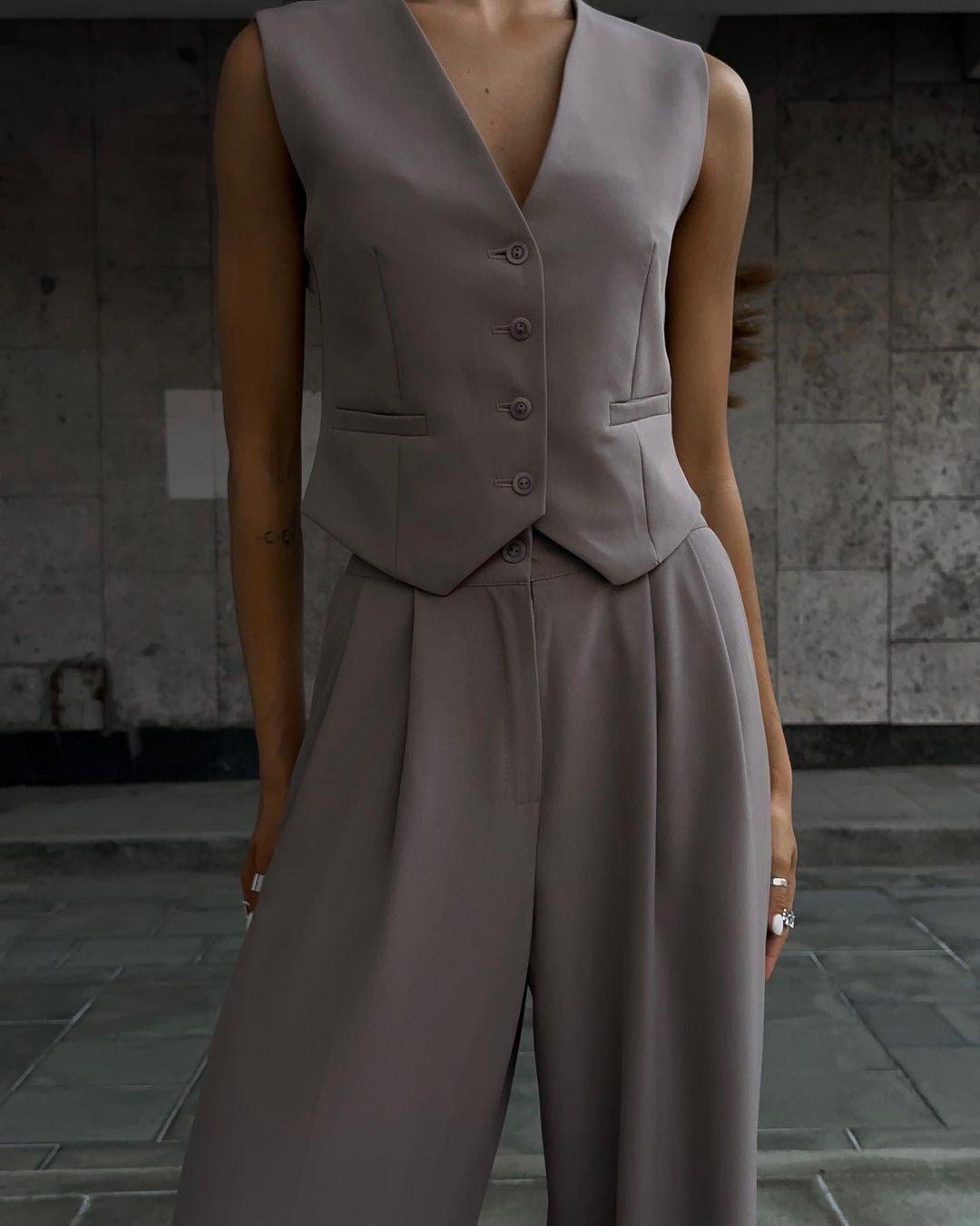 Mune Fashion | Neckline Sleeveless Vest with Wide Leg Pantsuit