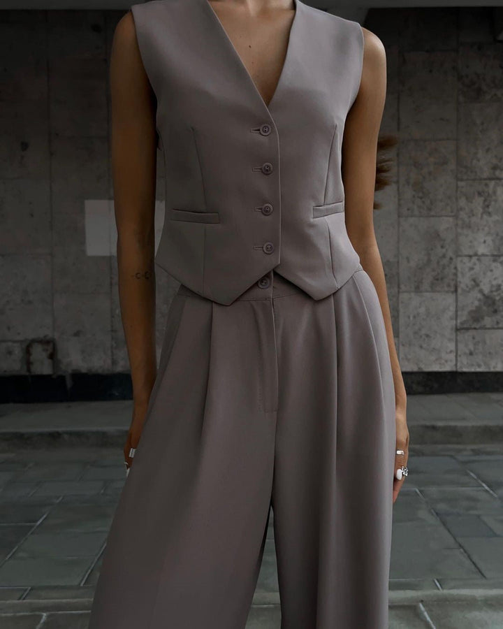 Mune Fashion | Neckline Sleeveless Vest with Wide Leg Pantsuit
