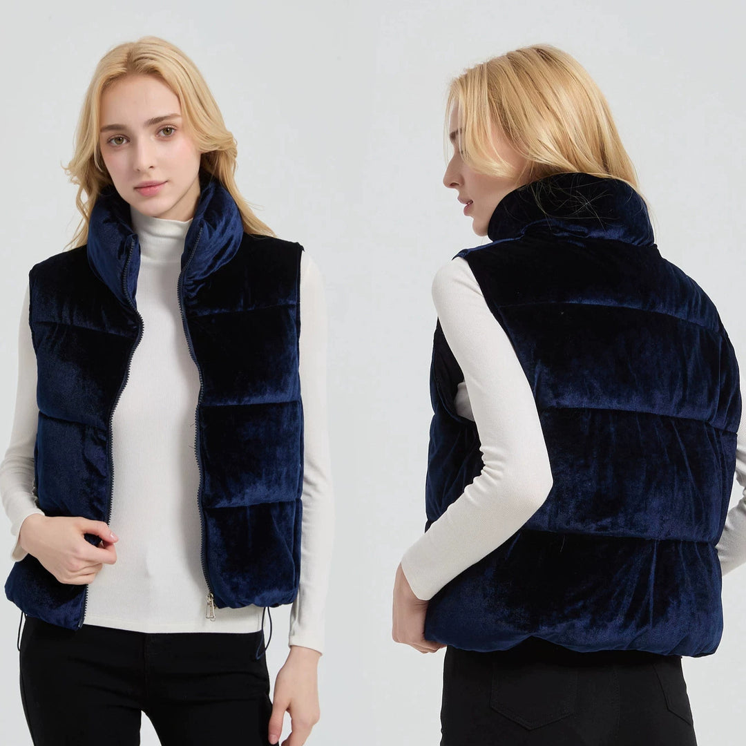 Women short-cut velvet quilted vest with high stand-up collar and thermal lining Mune Fashion