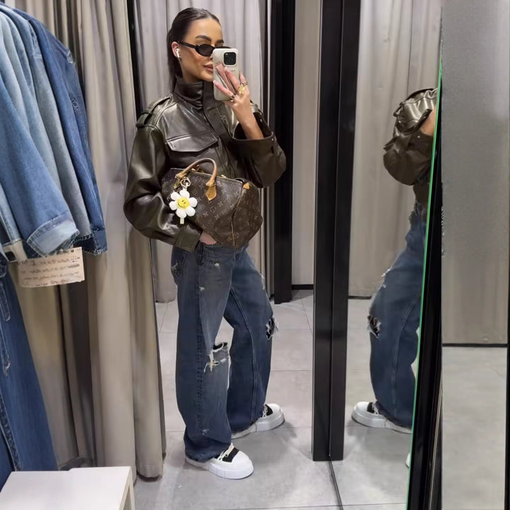 Women's 10+ short faux leather bomber jacket in military look with flap pockets and stand-up collar Mune Fashion