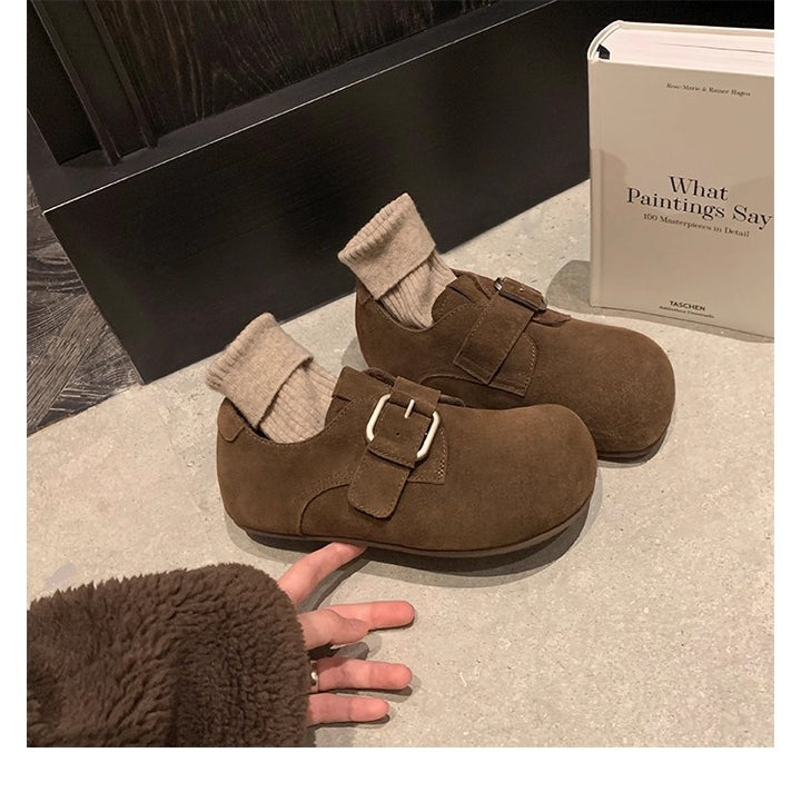 Women's Padded Suede Mary Jane Slippers with Adjustable Metal Buckle Mune Fashion