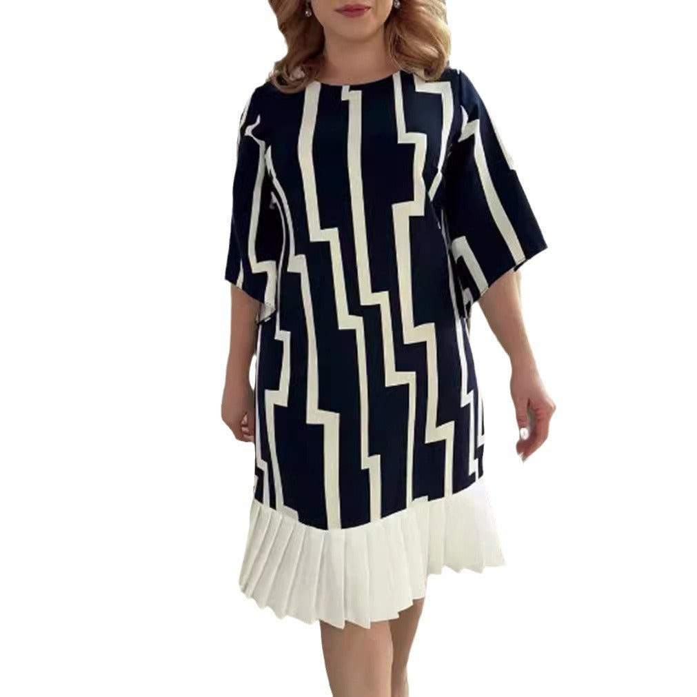 Women nan graphic A-line dress with pleated hem and three-quarter sleeves Mune Fashion