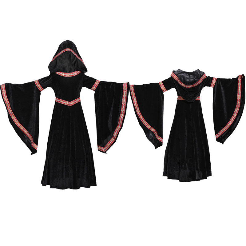 Ladies Elegant Sorceress Costume with Flared Sleeves and Playful Hooded Collar Mune Fashion