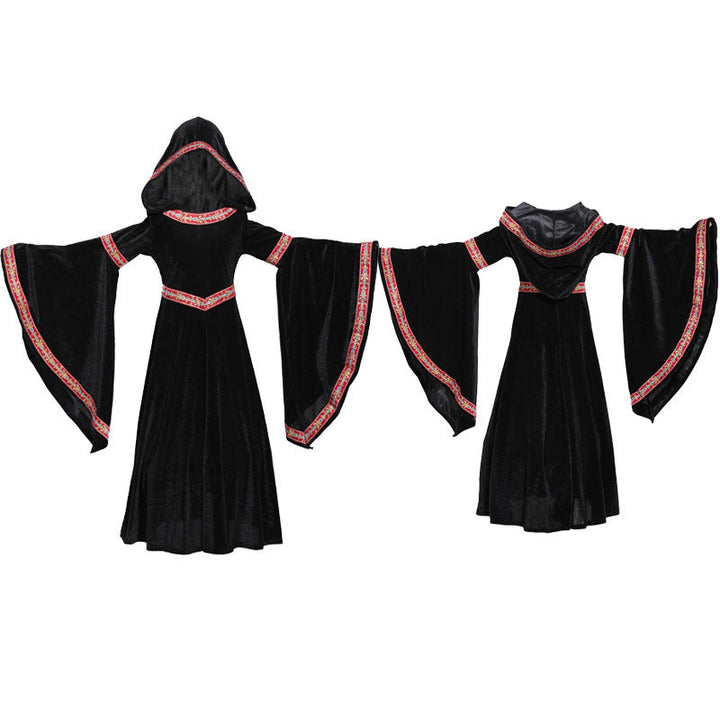 Ladies Elegant Sorceress Costume with Flared Sleeves and Playful Hooded Collar Mune Fashion