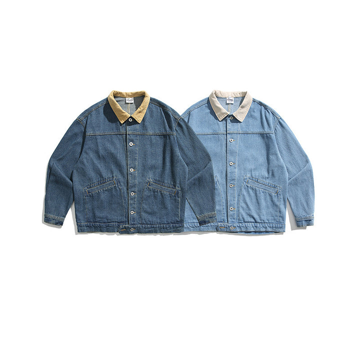 Unisex Boxy Jeans Jacket with Cord Collar, Snap Button Placket and Side Pockets Mune Fashion