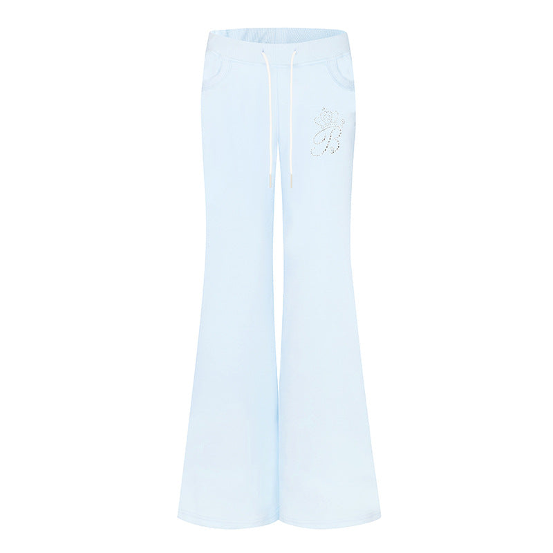 Women Flared Lounge Pants with High Comfort Waistband, Drawstring and Rhinestone Logo Mune Fashion